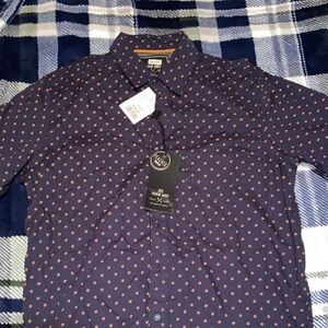 Nautica Men’s Navy Button-Down Shirt with Coral Dot Motif
